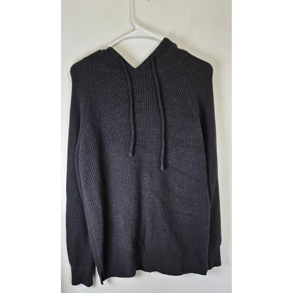 Black Waffle Knit Hoodie Sweater Womens Raglan Sleeve Pullover Charcoal